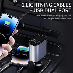 4 IN 1 Retractable Car Charger USB Type C And IOS Cable