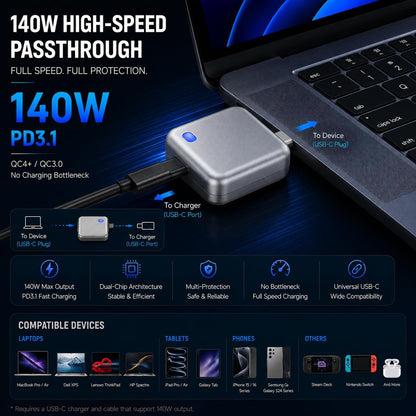 140W Automatic Charging Disconnector USB-C Fast Charging Auto Power Cut Off Adapter for Android, iPhone 15/16, Tablets & Laptops