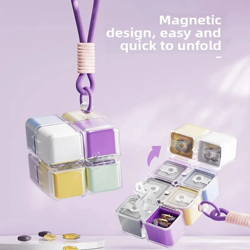 Newest Pill Box with Lanyard 8grid Magic Cube Magnetic