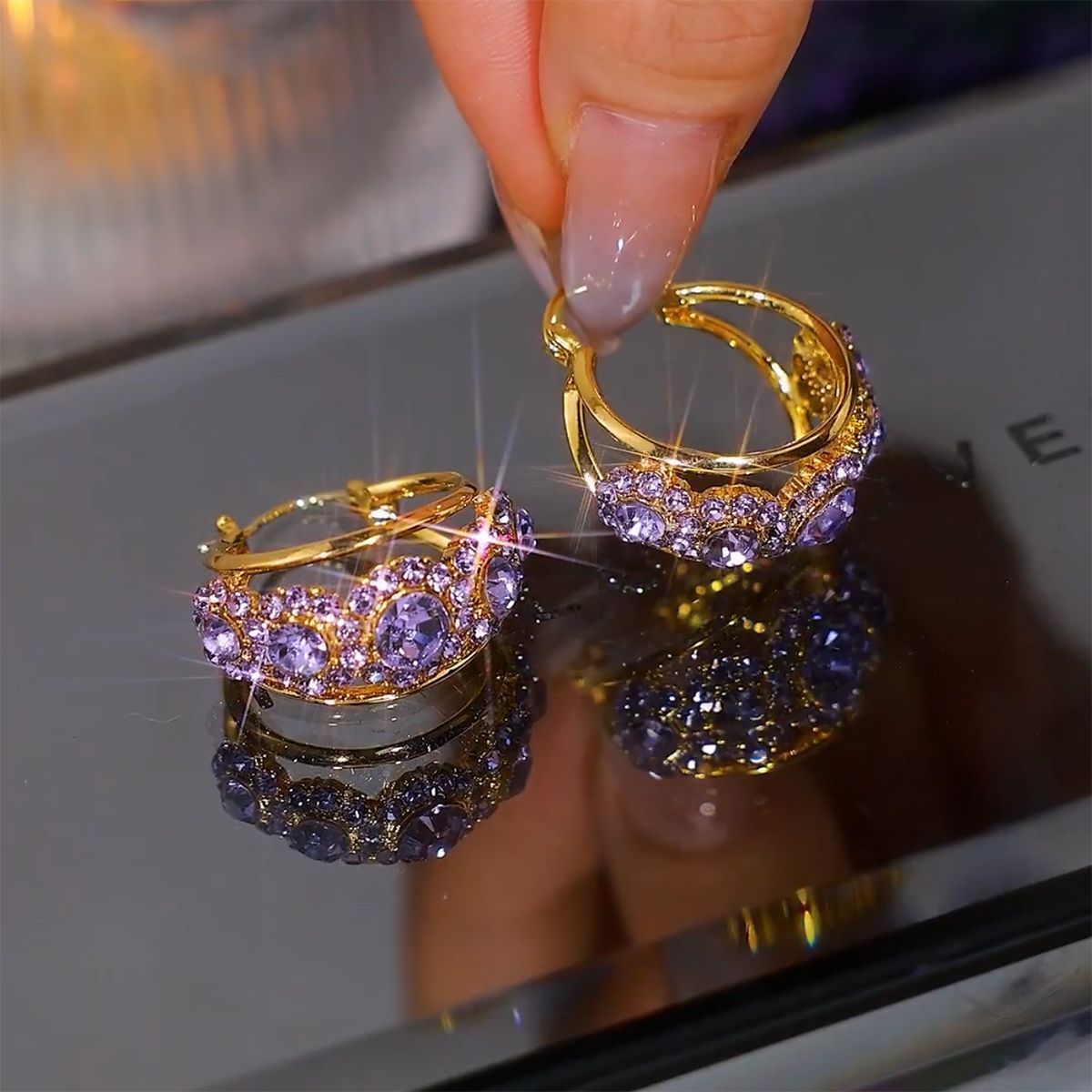 Zircon Purple Diamond Huggie Earrings